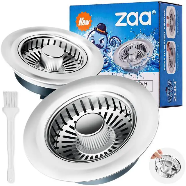 Main image of 3 in 1 Kitchen Sink Drain Strainer Stopper Removable Basket Pop-Up | Kitchen Sink Accessories 2 Pack Brushed Silver Stainless - Food Catcher, Odor-Blocking Seal, Fits 3.5" Drain