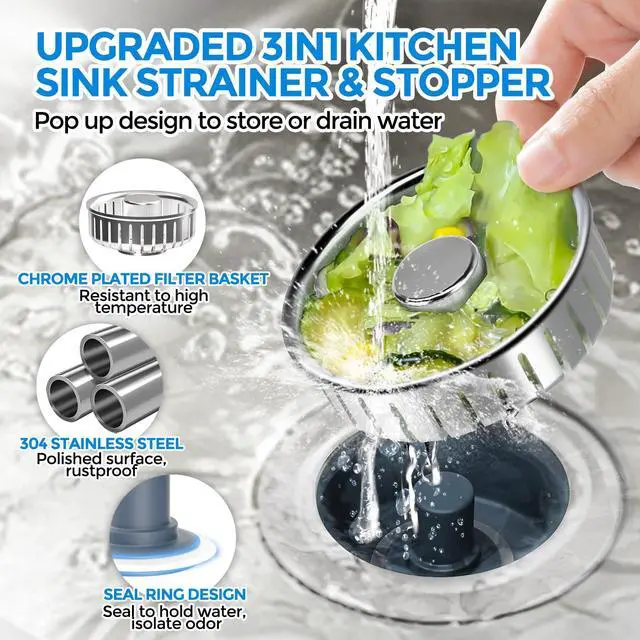 Alt view image 2 of 7 - 3 in 1 Kitchen Sink Drain Strainer Stopper Removable Basket Pop-Up | Kitchen Sink Accessories 2 Pack Brushed Silver Stainless - Food Catcher, Odor-Blocking Seal, Fits 3.5" Drain