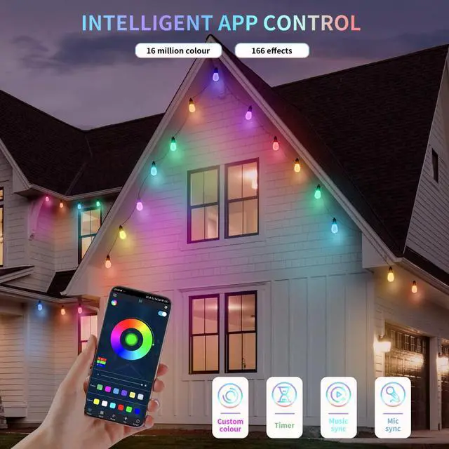 Alt view image 4 of 7 - Outdoor String Lights 50FT, Color Changing Patio Lights, Waterproof | 20 Shatterproof LED Bulbs, Multicolor & Warm White, Dimmable, IP67 Waterproof, APP & Remote, Custom Colors, 24V Low Voltage