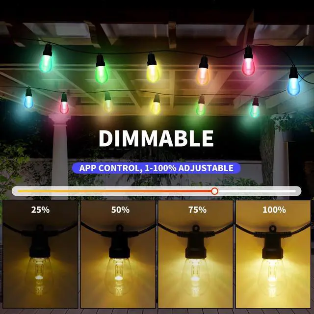 Alt view image 5 of 7 - Outdoor String Lights 50FT, Color Changing Patio Lights, Waterproof | 20 Shatterproof LED Bulbs, Multicolor & Warm White, Dimmable, IP67 Waterproof, APP & Remote, Custom Colors, 24V Low Voltage