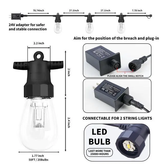 Alt view image 6 of 7 - Outdoor String Lights 50FT, Color Changing Patio Lights, Waterproof | 20 Shatterproof LED Bulbs, Multicolor & Warm White, Dimmable, IP67 Waterproof, APP & Remote, Custom Colors, 24V Low Voltage