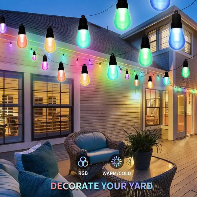 Alt view image 7 of 7 - Outdoor String Lights 50FT, Color Changing Patio Lights, Waterproof | 20 Shatterproof LED Bulbs, Multicolor & Warm White, Dimmable, IP67 Waterproof, APP & Remote, Custom Colors, 24V Low Voltage