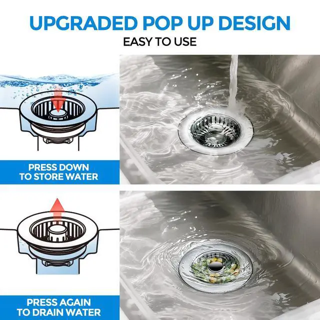 Alt view image 3 of 7 - 3 in 1 Kitchen Sink Drain Strainer Stopper Removable Basket Pop-Up | Kitchen Sink Accessories 2 Pack Brushed Silver Stainless - Food Catcher, Odor-Blocking Seal, Fits 3.5" Drain