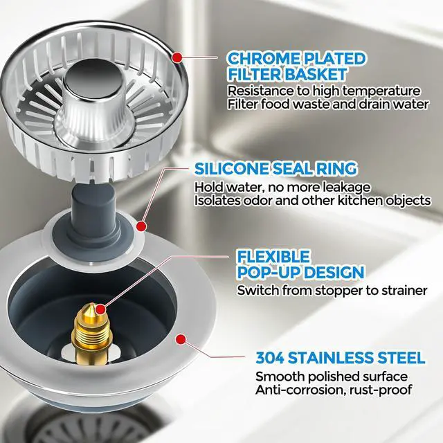 Alt view image 6 of 7 - 3 in 1 Kitchen Sink Drain Strainer Stopper Removable Basket Pop-Up | Kitchen Sink Accessories 2 Pack Brushed Silver Stainless - Food Catcher, Odor-Blocking Seal, Fits 3.5" Drain