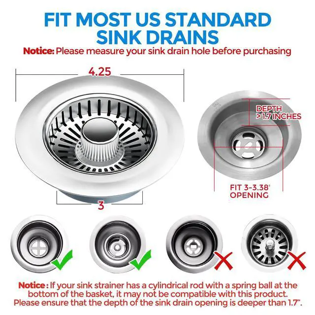 Alt view image 7 of 7 - 3 in 1 Kitchen Sink Drain Strainer Stopper Removable Basket Pop-Up | Kitchen Sink Accessories 2 Pack Brushed Silver Stainless - Food Catcher, Odor-Blocking Seal, Fits 3.5" Drain