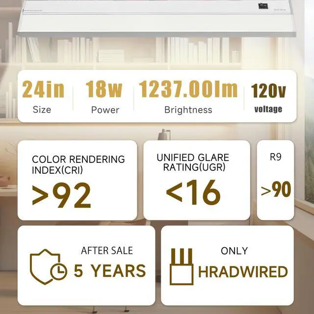 Alt view image 2 of 7 - Hardwired Under Cabinet Lighting, 24in 18W LED Light for Kitchen/Closet, 1237lm, CRI>92, R9>90, 5 Color Temperature, Dimmable, 2700K-5000K(Warm White, Cool White, Daylight)
