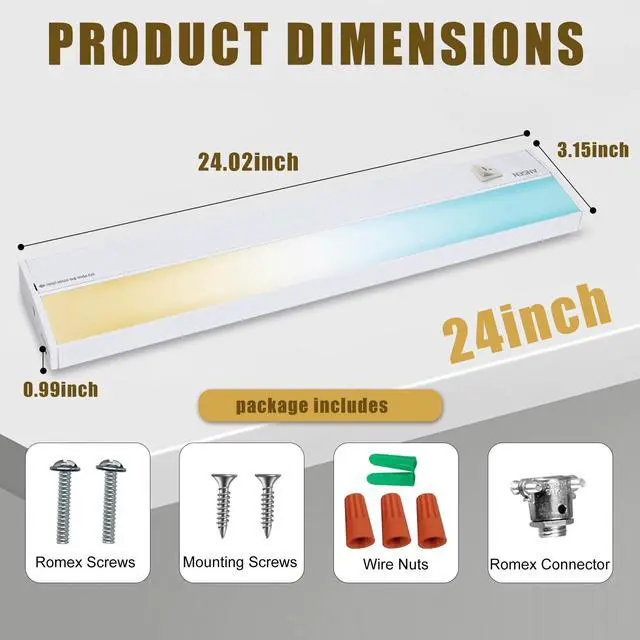 Alt view image 7 of 7 - Hardwired Under Cabinet Lighting, 24in 18W LED Light for Kitchen/Closet, 1237lm, CRI>92, R9>90, 5 Color Temperature, Dimmable, 2700K-5000K(Warm White, Cool White, Daylight)