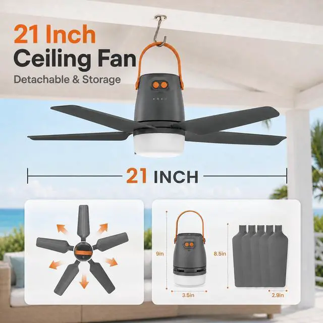 Alt view image 2 of 7 - 21" Portable Ceiling Fan with Light & Remote,20400mAh Battery Operated Outdoor Ceiling Gazebo Fan for Patios/Canopy/Cruise,Rechargeable Battery Powered Fan,Hangable Camping Light Fan,Camping Essential