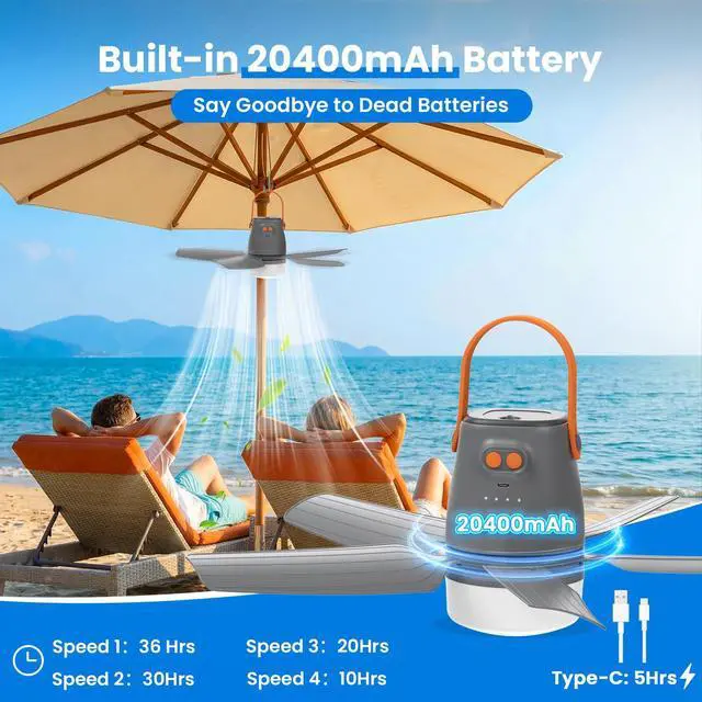 Alt view image 3 of 7 - 21" Portable Ceiling Fan with Light & Remote,20400mAh Battery Operated Outdoor Ceiling Gazebo Fan for Patios/Canopy/Cruise,Rechargeable Battery Powered Fan,Hangable Camping Light Fan,Camping Essential