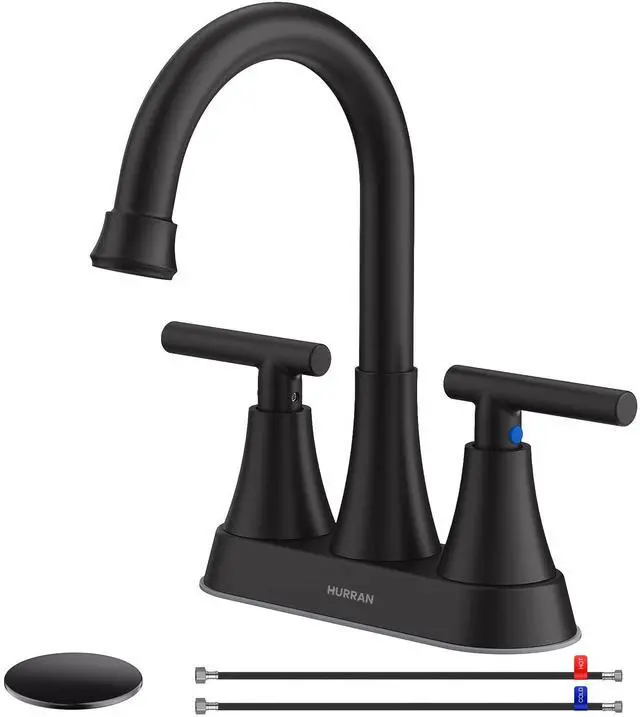 Main image of Matte Black Bathroom Faucet, 4 inch Centerset 2-Handle Lead-Free | Bathroom Sink Faucet with Pop-up Drain and Supply Lines, Stainless Steel Faucet for Vanity RV Restroom Laundry Outdoor Sink