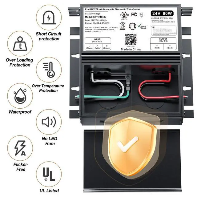 Alt view image 5 of 7 - 24V Dimmable LED Driver, 60W Triac ELV/MLV LED Transformer Compatible with Lutron&Leviton Switches, Dimmable Power Supply 60W 24V for Light Smooth Flicker Free Dimming