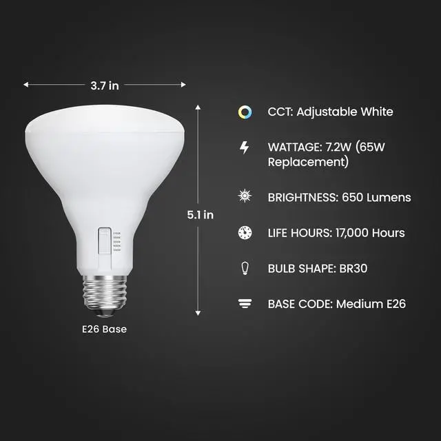 Alt view image 2 of 7 - BR30 LED Light Bulbs, 65W Eq, Dimmable, 5CCT, 6 Pack | E26 Base, 2700K - 5000K, 650 Lumens, CRI 90+, 15 Year Life, for Recessed Cans, Wide Flood Beam
