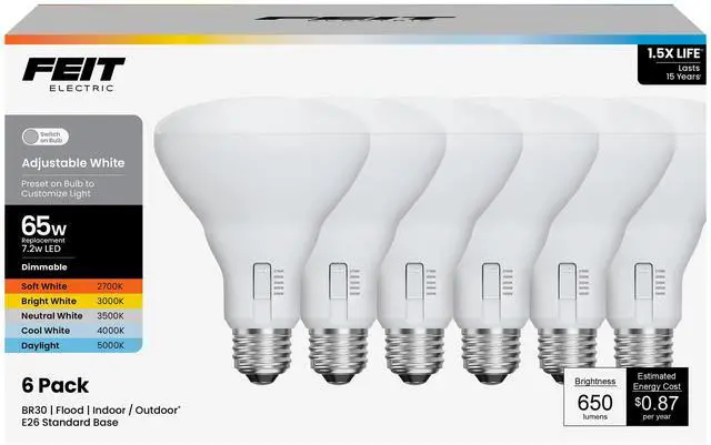 Main image of BR30 LED Light Bulbs, 65W Eq, Dimmable, 5CCT, 6 Pack | E26 Base, 2700K - 5000K, 650 Lumens, CRI 90+, 15 Year Life, for Recessed Cans, Wide Flood Beam