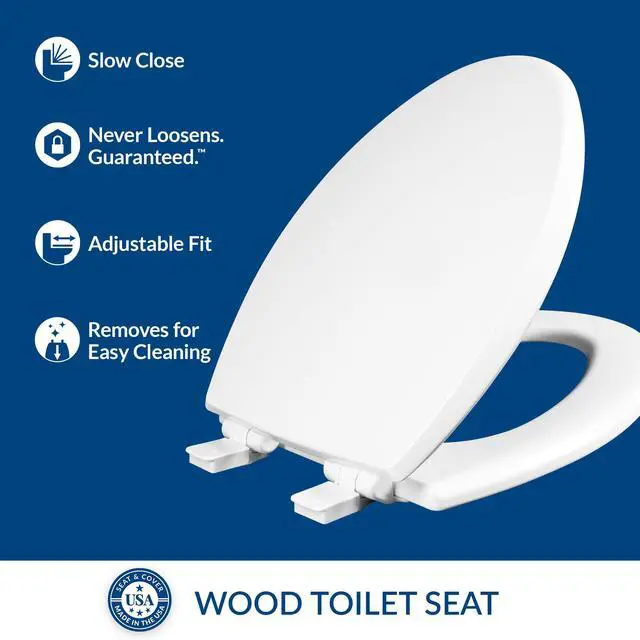 Alt view image 2 of 7 - Cassel slow close toilet seat, easy clean non-slip premium wood seat, install, made in USA, elongated, white