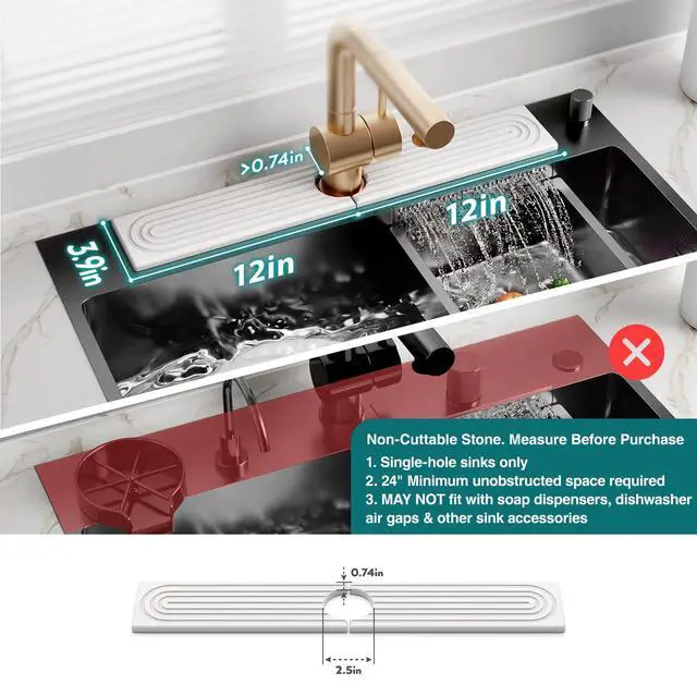 Alt view image 2 of 7 - Faucet Mat for Kitchen Sink Diatomite Stone Drying Mat & Sink Protectors, Prevent Moisture Sink Splash Guard Water-Absorbing Stone Tray for Bathroom Counter (Light Grey, 23.6" x 3.9")