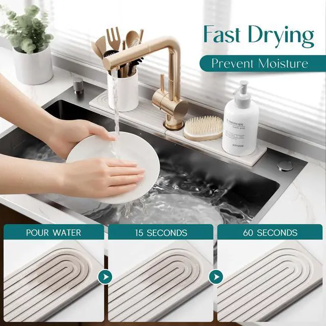 Alt view image 3 of 7 - Faucet Mat for Kitchen Sink Diatomite Stone Drying Mat & Sink Protectors, Prevent Moisture Sink Splash Guard Water-Absorbing Stone Tray for Bathroom Counter (Light Grey, 23.6" x 3.9")