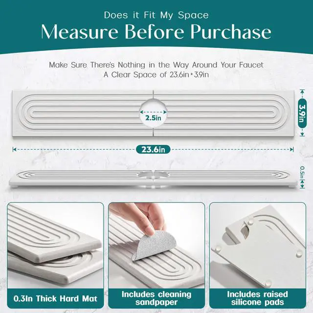 Alt view image 4 of 7 - Faucet Mat for Kitchen Sink Diatomite Stone Drying Mat & Sink Protectors, Prevent Moisture Sink Splash Guard Water-Absorbing Stone Tray for Bathroom Counter (Light Grey, 23.6" x 3.9")