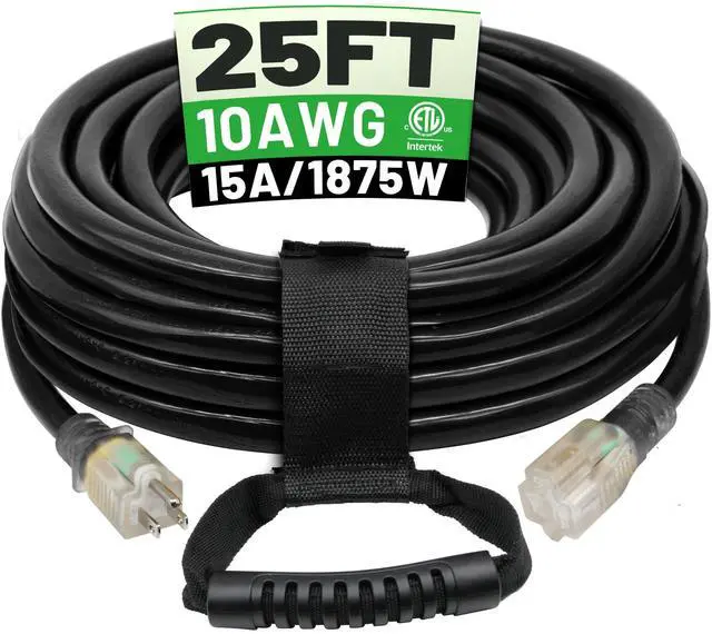 Main image of 25 Ft 10AWG Outdoor Extension Cord Waterproof Heavy Duty, Black | 10 Gauge 3 Prong, Flexible Cold-Resistant Power Cord Indoor & Outside with Lighted Indicator End, 15A 1875W SJTW ETL Listed