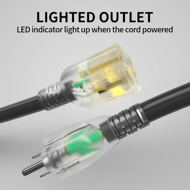 Alt view image 2 of 7 - 25 Ft 10AWG Outdoor Extension Cord Waterproof Heavy Duty, Black | 10 Gauge 3 Prong, Flexible Cold-Resistant Power Cord Indoor & Outside with Lighted Indicator End, 15A 1875W SJTW ETL Listed