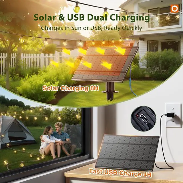 Alt view image 4 of 7 - 100FT 54LED Solar String Lights Outdoor Waterproof with Remote, USB | Shatterproof Outdoor Lights, 5000mAh Battery, Dimmable Timer Modes, Solar Powered Patio Lights for Backyard, Garden, Camping