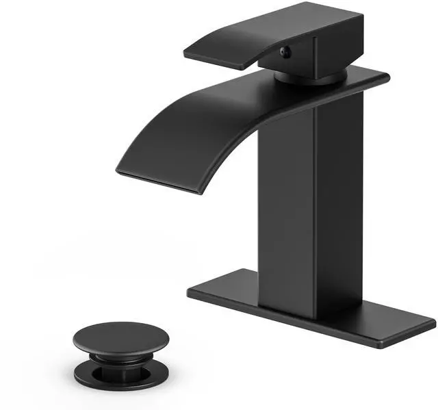 Main image of Waterfall Bathroom Faucet, Matte Black Stainless Steel, 1-Handle | Modern Bathroom Sink Faucet for RV & Outdoor Basins, Pop-Up Drain, Supply Lines, 6-in Deck Plate, 1- or 3-Hole, NSF Certified