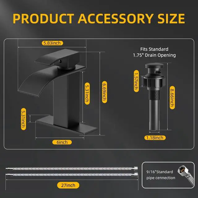 Alt view image 3 of 7 - Waterfall Bathroom Faucet, Matte Black Stainless Steel, 1-Handle | Modern Bathroom Sink Faucet for RV & Outdoor Basins, Pop-Up Drain, Supply Lines, 6-in Deck Plate, 1- or 3-Hole, NSF Certified