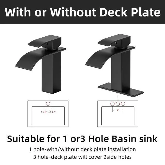 Alt view image 4 of 7 - Waterfall Bathroom Faucet, Matte Black Stainless Steel, 1-Handle | Modern Bathroom Sink Faucet for RV & Outdoor Basins, Pop-Up Drain, Supply Lines, 6-in Deck Plate, 1- or 3-Hole, NSF Certified