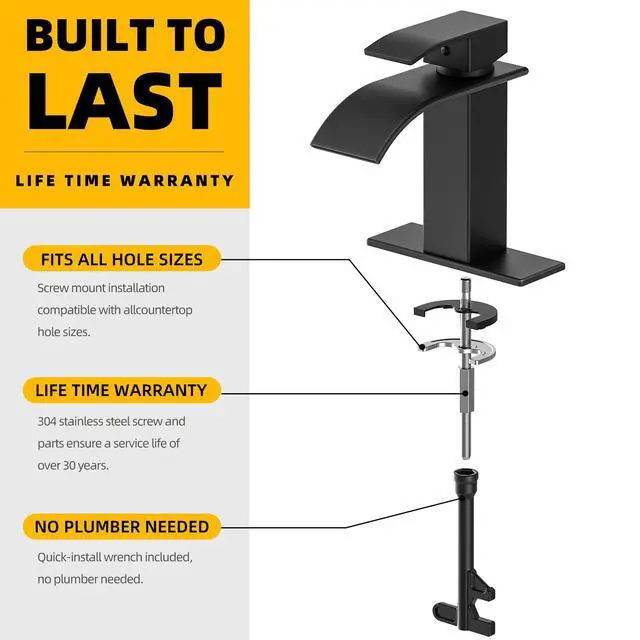 Alt view image 5 of 7 - Waterfall Bathroom Faucet, Matte Black Stainless Steel, 1-Handle | Modern Bathroom Sink Faucet for RV & Outdoor Basins, Pop-Up Drain, Supply Lines, 6-in Deck Plate, 1- or 3-Hole, NSF Certified