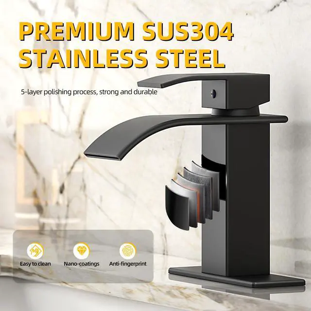 Alt view image 6 of 7 - Waterfall Bathroom Faucet, Matte Black Stainless Steel, 1-Handle | Modern Bathroom Sink Faucet for RV & Outdoor Basins, Pop-Up Drain, Supply Lines, 6-in Deck Plate, 1- or 3-Hole, NSF Certified
