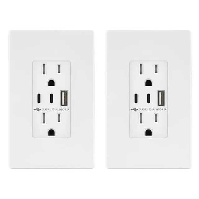 Alt view image 2 of 2 - 4.2A Dual Type C&A USB Wall Outlet, Charging Power Receptacle | 21W, White, 2 Pack, Screwless Wall Plate, UL Listed, Residential Grade,Tamper-Resistant Child-Safe