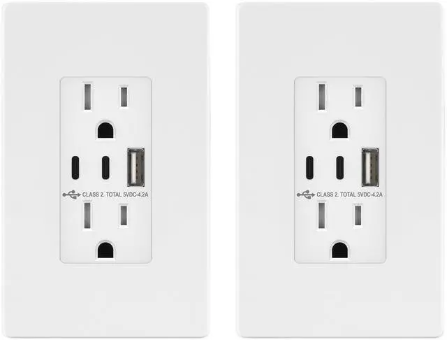 Main image of 4.2A Dual Type C&A USB Wall Outlet, Charging Power Receptacle | 21W, White, 2 Pack, Screwless Wall Plate, UL Listed, Residential Grade,Tamper-Resistant Child-Safe