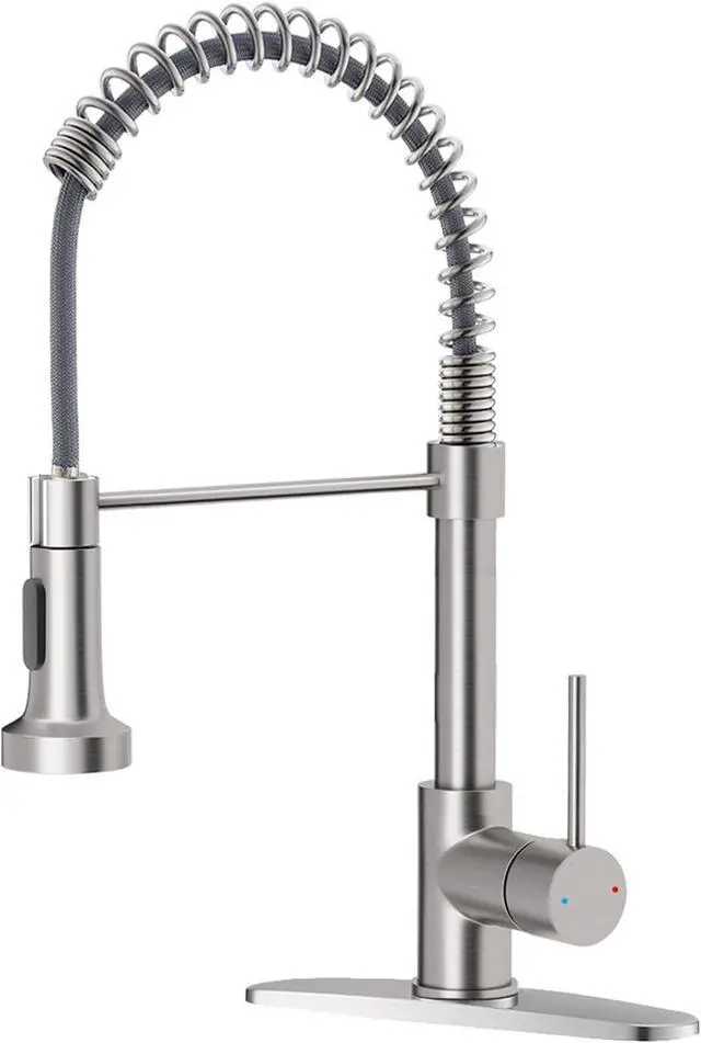 Main image of Kitchen Faucet with Pull Down Sprayer Brushed Nickel | 1 Handle Spring Sink Faucets,Lead-Free NSF Certified Stainless Steel, 1 or 3-Hole Deck Plate,Farmhouse, RV, Bar, Laundry Room