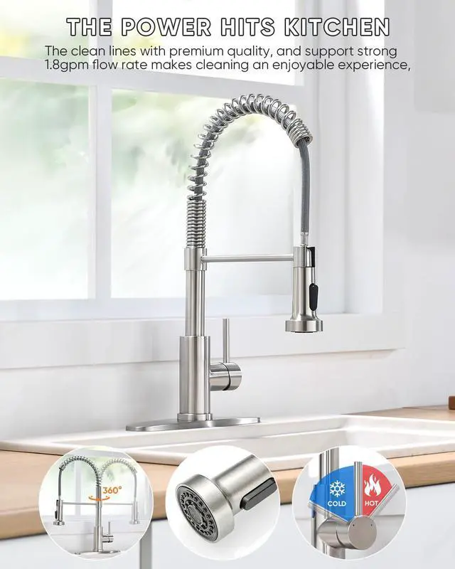 Alt view image 2 of 7 - Kitchen Faucet with Pull Down Sprayer Brushed Nickel | 1 Handle Spring Sink Faucets,Lead-Free NSF Certified Stainless Steel, 1 or 3-Hole Deck Plate,Farmhouse, RV, Bar, Laundry Room