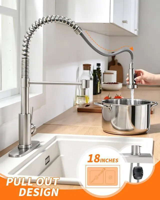 Alt view image 3 of 7 - Kitchen Faucet with Pull Down Sprayer Brushed Nickel | 1 Handle Spring Sink Faucets,Lead-Free NSF Certified Stainless Steel, 1 or 3-Hole Deck Plate,Farmhouse, RV, Bar, Laundry Room