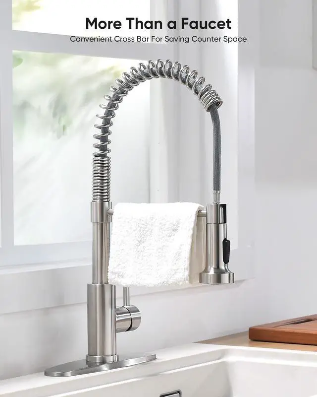 Alt view image 5 of 7 - Kitchen Faucet with Pull Down Sprayer Brushed Nickel | 1 Handle Spring Sink Faucets,Lead-Free NSF Certified Stainless Steel, 1 or 3-Hole Deck Plate,Farmhouse, RV, Bar, Laundry Room