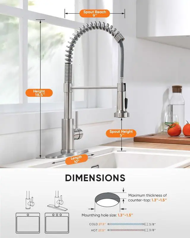 Alt view image 4 of 7 - Kitchen Faucet with Pull Down Sprayer Brushed Nickel | 1 Handle Spring Sink Faucets,Lead-Free NSF Certified Stainless Steel, 1 or 3-Hole Deck Plate,Farmhouse, RV, Bar, Laundry Room