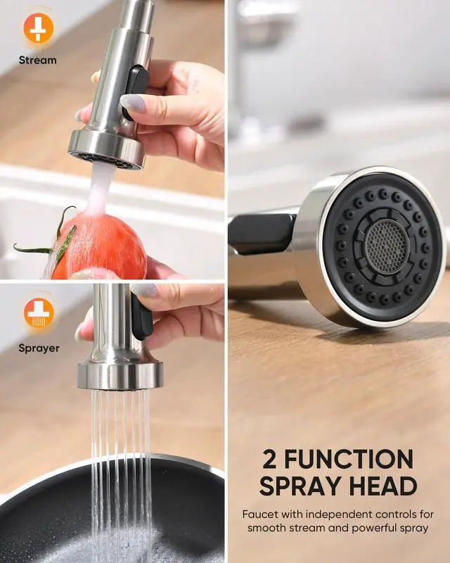 Alt view image 6 of 7 - Kitchen Faucet with Pull Down Sprayer Brushed Nickel | 1 Handle Spring Sink Faucets,Lead-Free NSF Certified Stainless Steel, 1 or 3-Hole Deck Plate,Farmhouse, RV, Bar, Laundry Room
