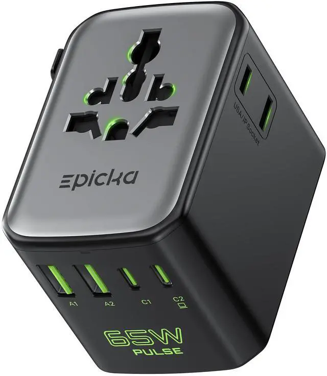 Main image of Pulse Duo 65W Universal Travel Adapter PD/QC 3.0, 2AC/2USB-C/2USB-A | International Power Adapter for EU/US/UK/AU, Fast-Charging for Multi-Device Use, Black