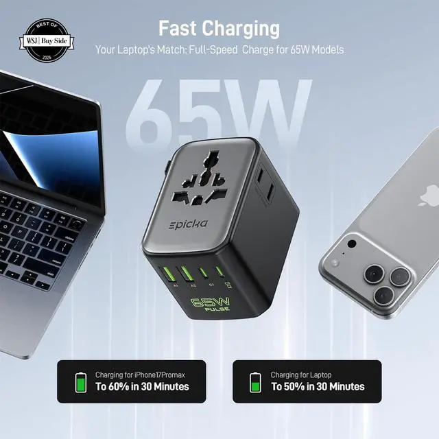 Alt view image 2 of 7 - Pulse Duo 65W Universal Travel Adapter PD/QC 3.0, 2AC/2USB-C/2USB-A | International Power Adapter for EU/US/UK/AU, Fast-Charging for Multi-Device Use, Black