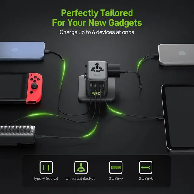 Alt view image 4 of 7 - Pulse Duo 65W Universal Travel Adapter PD/QC 3.0, 2AC/2USB-C/2USB-A | International Power Adapter for EU/US/UK/AU, Fast-Charging for Multi-Device Use, Black