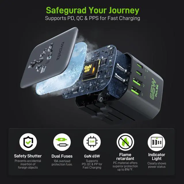 Alt view image 5 of 7 - Pulse Duo 65W Universal Travel Adapter PD/QC 3.0, 2AC/2USB-C/2USB-A | International Power Adapter for EU/US/UK/AU, Fast-Charging for Multi-Device Use, Black