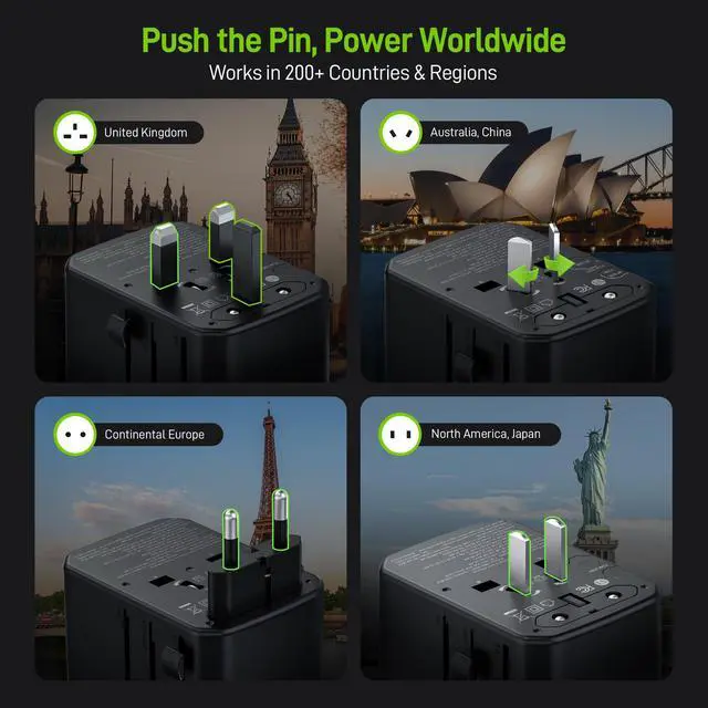 Alt view image 6 of 7 - Pulse Duo 65W Universal Travel Adapter PD/QC 3.0, 2AC/2USB-C/2USB-A | International Power Adapter for EU/US/UK/AU, Fast-Charging for Multi-Device Use, Black