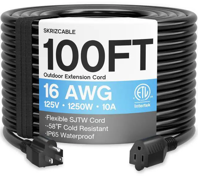 Main image of 16/3 100 Ft Outdoor Extension Cord Waterproof, Weatherproof & Flame Retardant Black 3 Prong Power Cord Outside for Lawn & Garden, 16AWG 10A 1250W 125V SJTW ETL Listed