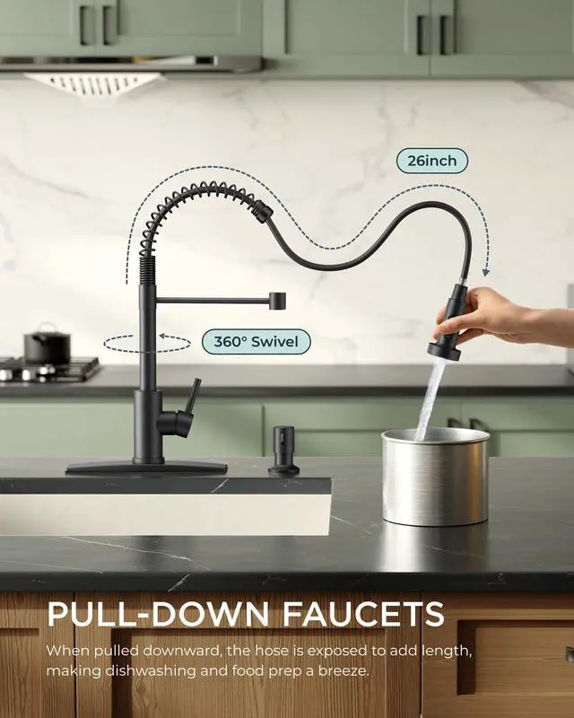 Alt view image 3 of 7 - Black Kitchen Sink Faucet, Pull Down Sprayer, Classic High Arc | Lead-Free Stainless Steel, Single Handle Commercial Spring Sink Faucets for Laundry Utility Room, Outdoor Farmhouse Camper