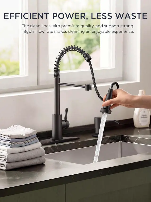 Alt view image 6 of 7 - Black Kitchen Sink Faucet, Pull Down Sprayer, Classic High Arc | Lead-Free Stainless Steel, Single Handle Commercial Spring Sink Faucets for Laundry Utility Room, Outdoor Farmhouse Camper
