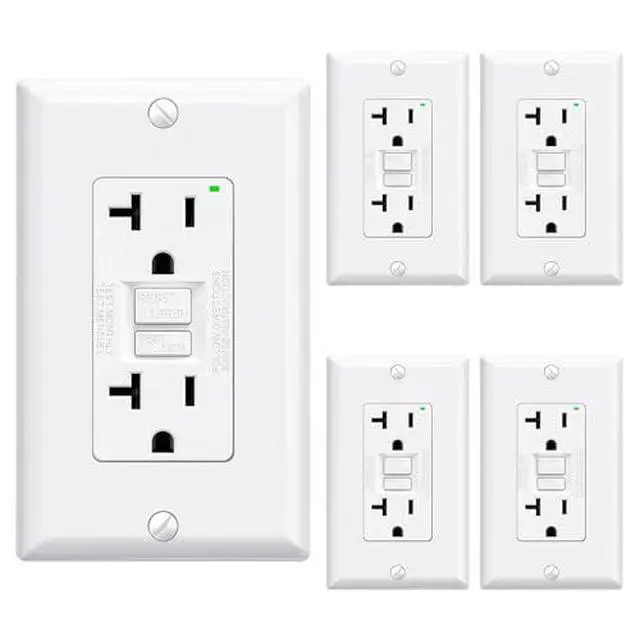 Alt view image 2 of 7 - GFCI Outlet 20 Amp, Self-Test GFI Electrical Outlet with Narrow Design, GFCI Receptacle with LED Indicator, UL Listed, White, Wall Plate Included, 5 Pack