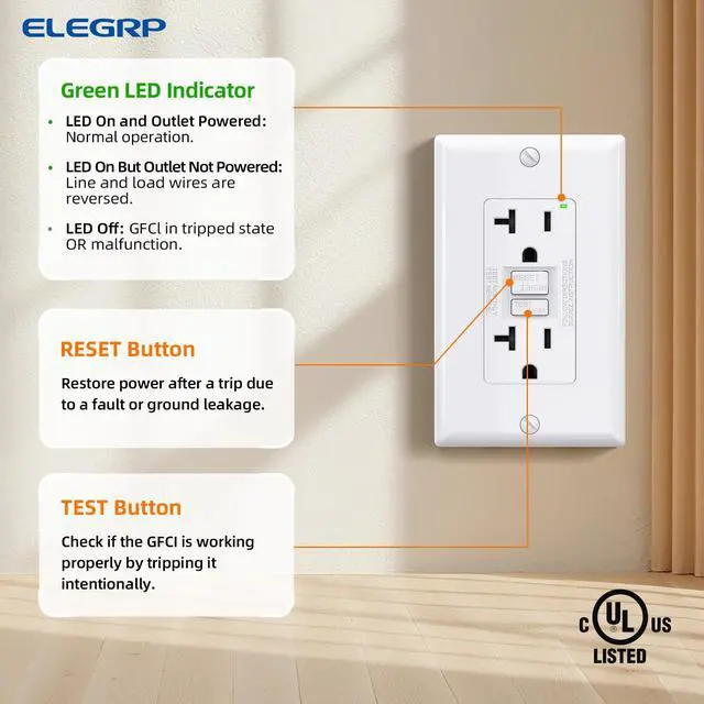 Alt view image 5 of 7 - GFCI Outlet 20 Amp, Self-Test GFI Electrical Outlet with Narrow Design, GFCI Receptacle with LED Indicator, UL Listed, White, Wall Plate Included, 5 Pack