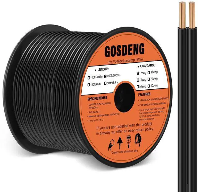 Main image of 12/2 Low Voltage Landscape Wire 250FT Outdoor Landscape Lighting Cable 12 Gauge 2 Conductors Low Voltage Wire for Landscaping Lights,Copper Clad Aluminum Direct Burial
