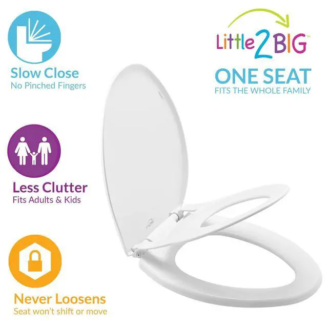 Alt view image 2 of 7 - Little2Big Toilet Seat with Built-In Toddler Potty Training Seat, Slow Close, Easy to Install, Made in USA, ELONGATED, White