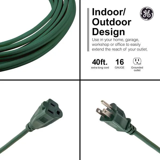 Alt view image 2 of 5 - Outdoor Extension Cord, 40 Ft, Grounded Heavy Duty Extension Cord, 16AWG | 3 Prong Outdoor, Extension Cord, ETL Listed, Green, 81601